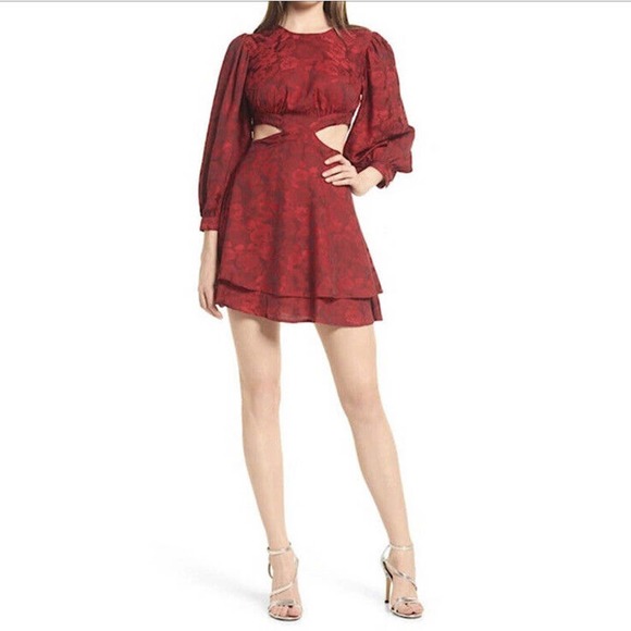 RAHI NWD Flora Cutout Mini A Line Dress Red Sz L Tie Back Button Back 7/8 Slv - Picture 1 of 8